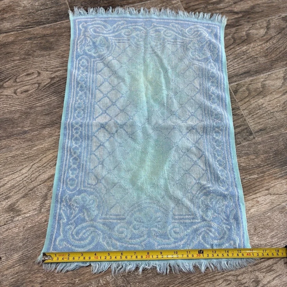 Vintage 1960s 1970s Martex Blue Ornate Hand Towel Fringe Made USA Cotton MCM